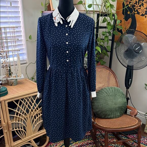 Miss Patina London Bowie Cat Ziggy Stardust Navy Polkadot Kitty Collar Dress - Picture 1 of 8
